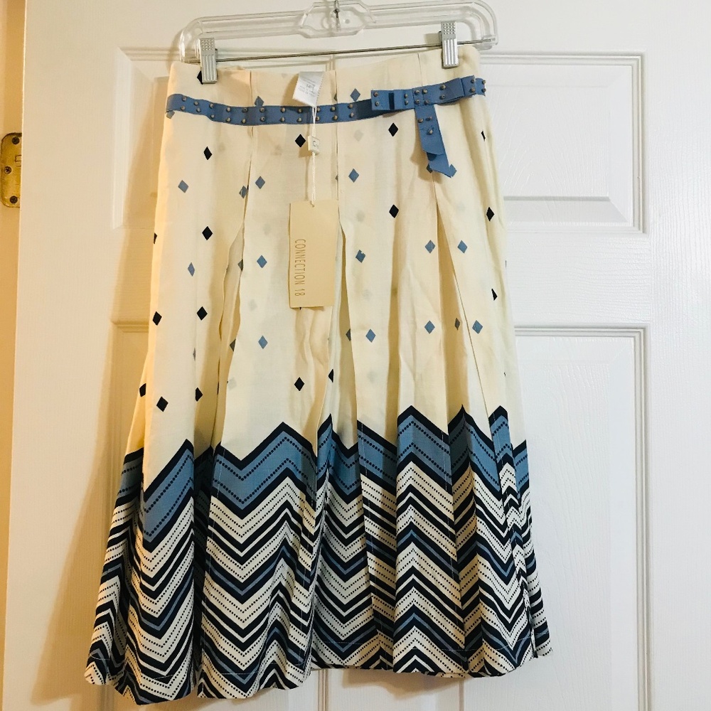 Connection 18 A Line Skirt Beige/Cream Blue/Navy Blue and White Diamond Chevron